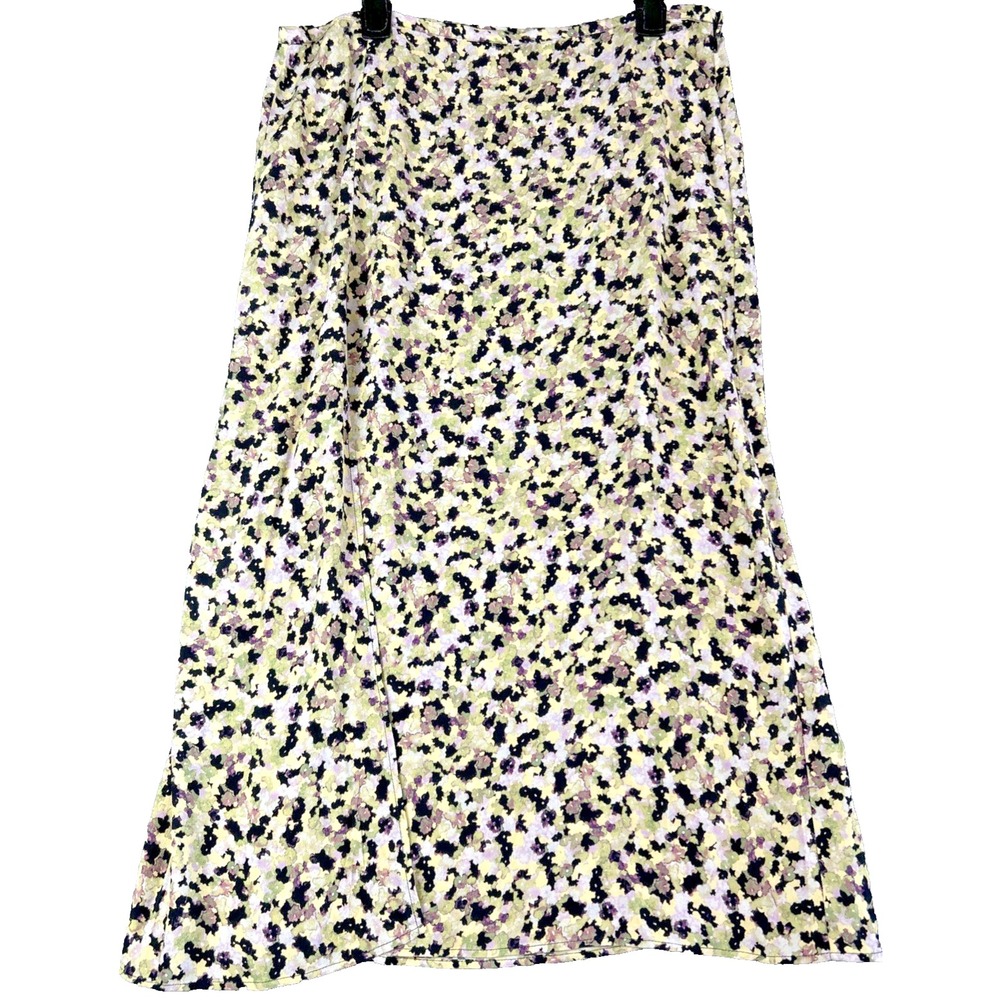 H & M MIDI Skirt Women's 14 Abstract Floral Print, Long‎ Side Slit, Cottagcore
